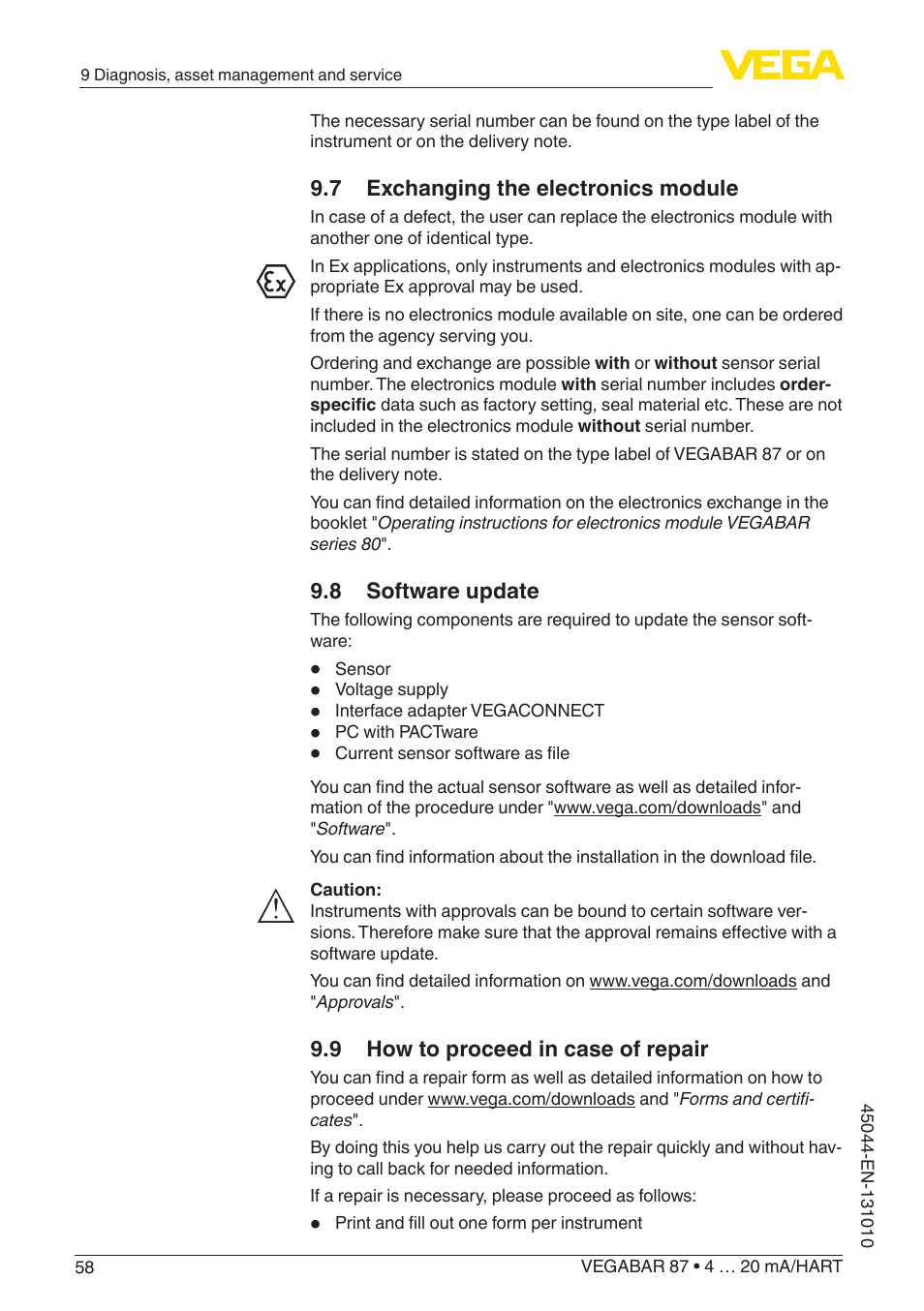 7 exchanging the electronics module, 8 software update, 9 how to proceed in case of repair | VEGA VEGABAR 87 4 … 20 mA_HART - Operating Instructions User Manual | Page 58 / 80