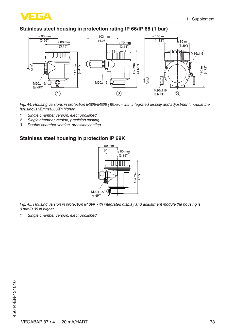 Stainless steel housing in protection ip 69k | VEGA VEGABAR 87 4 … 20 mA_HART - Operating Instructions User Manual | Page 73 / 80