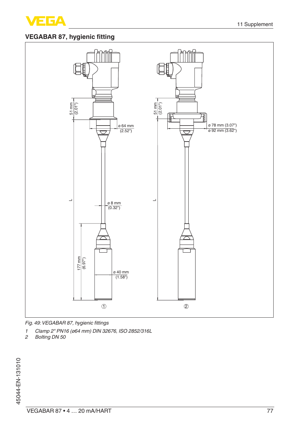 Vegabar 87, hygienic fitting | VEGA VEGABAR 87 4 … 20 mA_HART - Operating Instructions User Manual | Page 77 / 80
