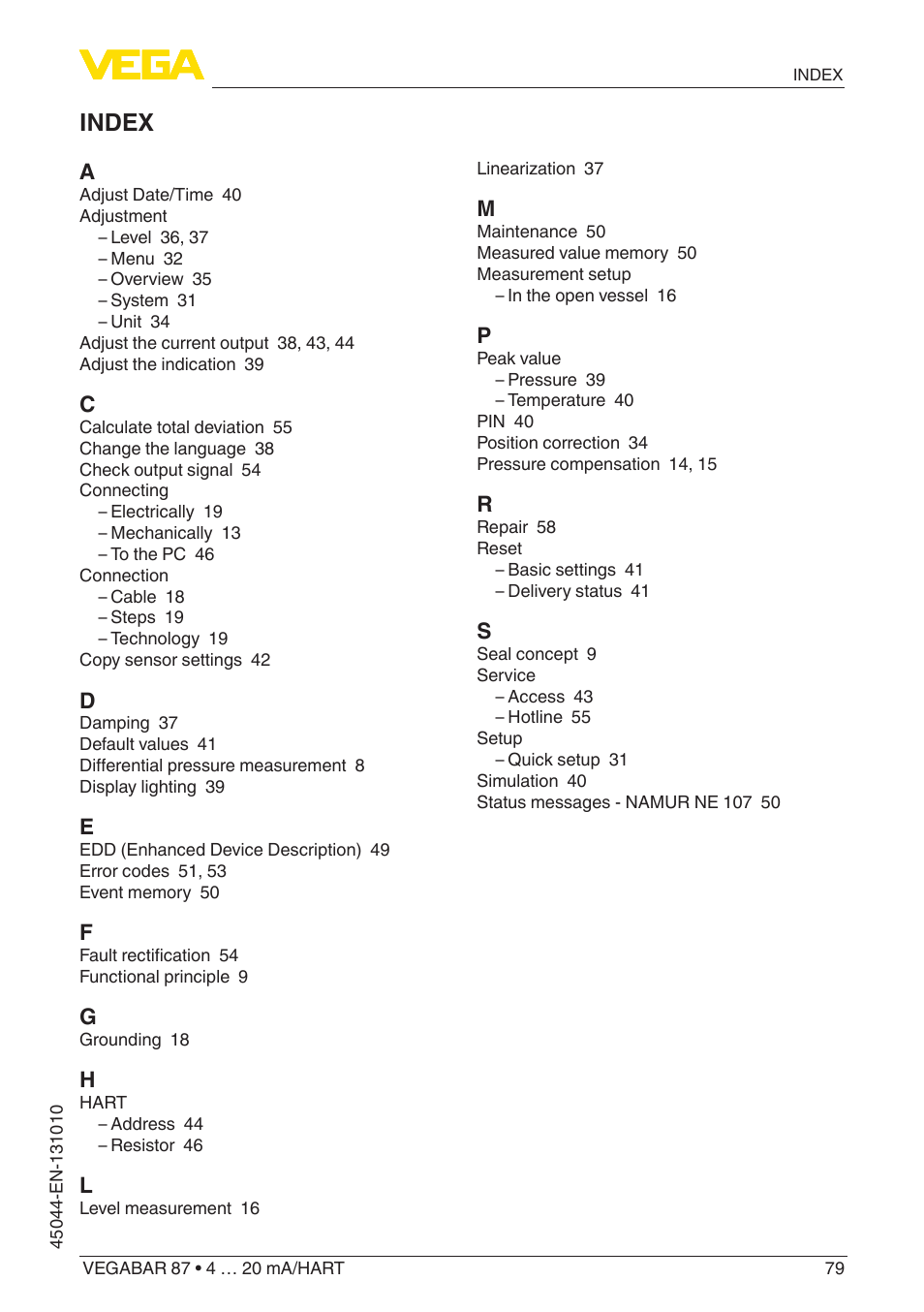 Index | VEGA VEGABAR 87 4 … 20 mA_HART - Operating Instructions User Manual | Page 79 / 80