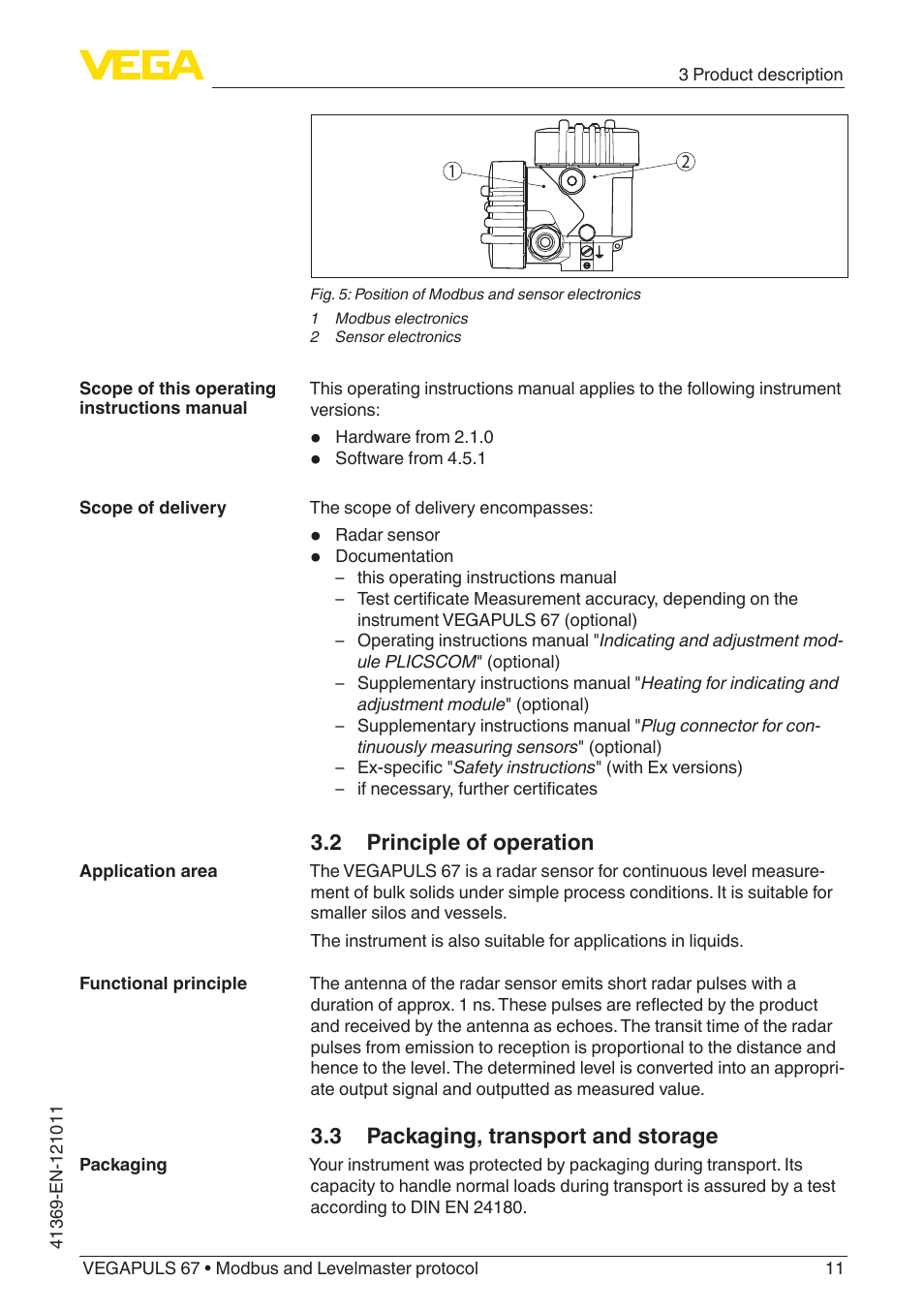 2 principle of operation, 3 packaging, transport and storage | VEGA VEGAPULS 67 (≥ 2.0.0 - ≥ 4.0.0) Modbus and Levelmaster protocol User Manual | Page 11 / 84