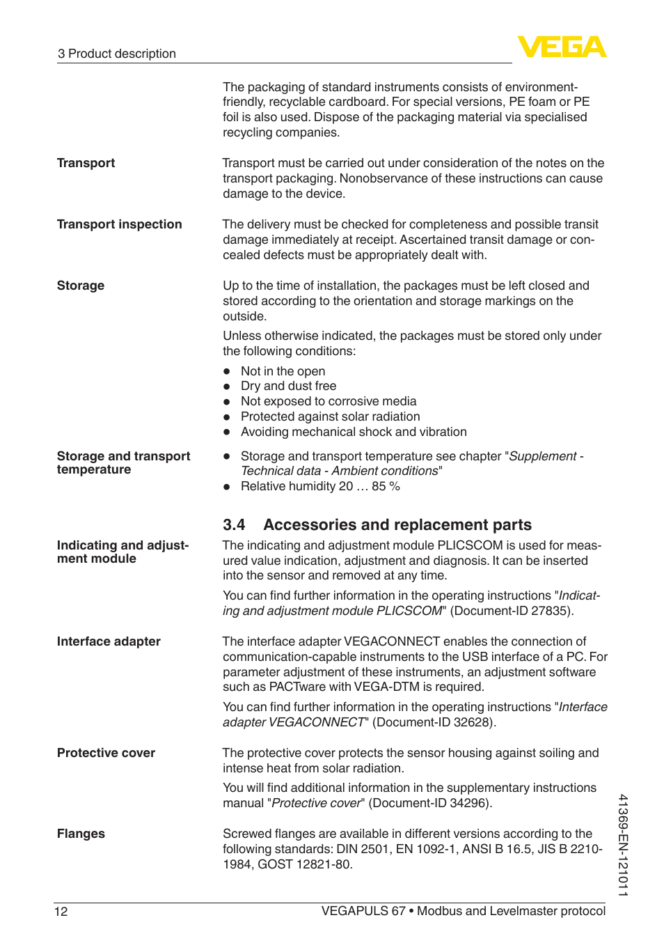 4 accessories and replacement parts | VEGA VEGAPULS 67 (≥ 2.0.0 - ≥ 4.0.0) Modbus and Levelmaster protocol User Manual | Page 12 / 84