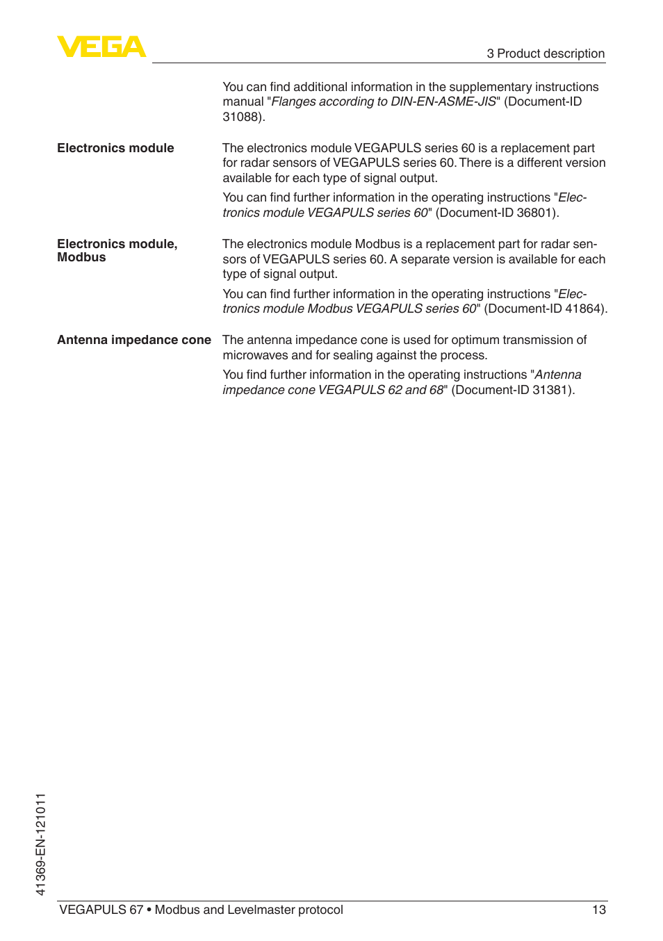 VEGA VEGAPULS 67 (≥ 2.0.0 - ≥ 4.0.0) Modbus and Levelmaster protocol User Manual | Page 13 / 84