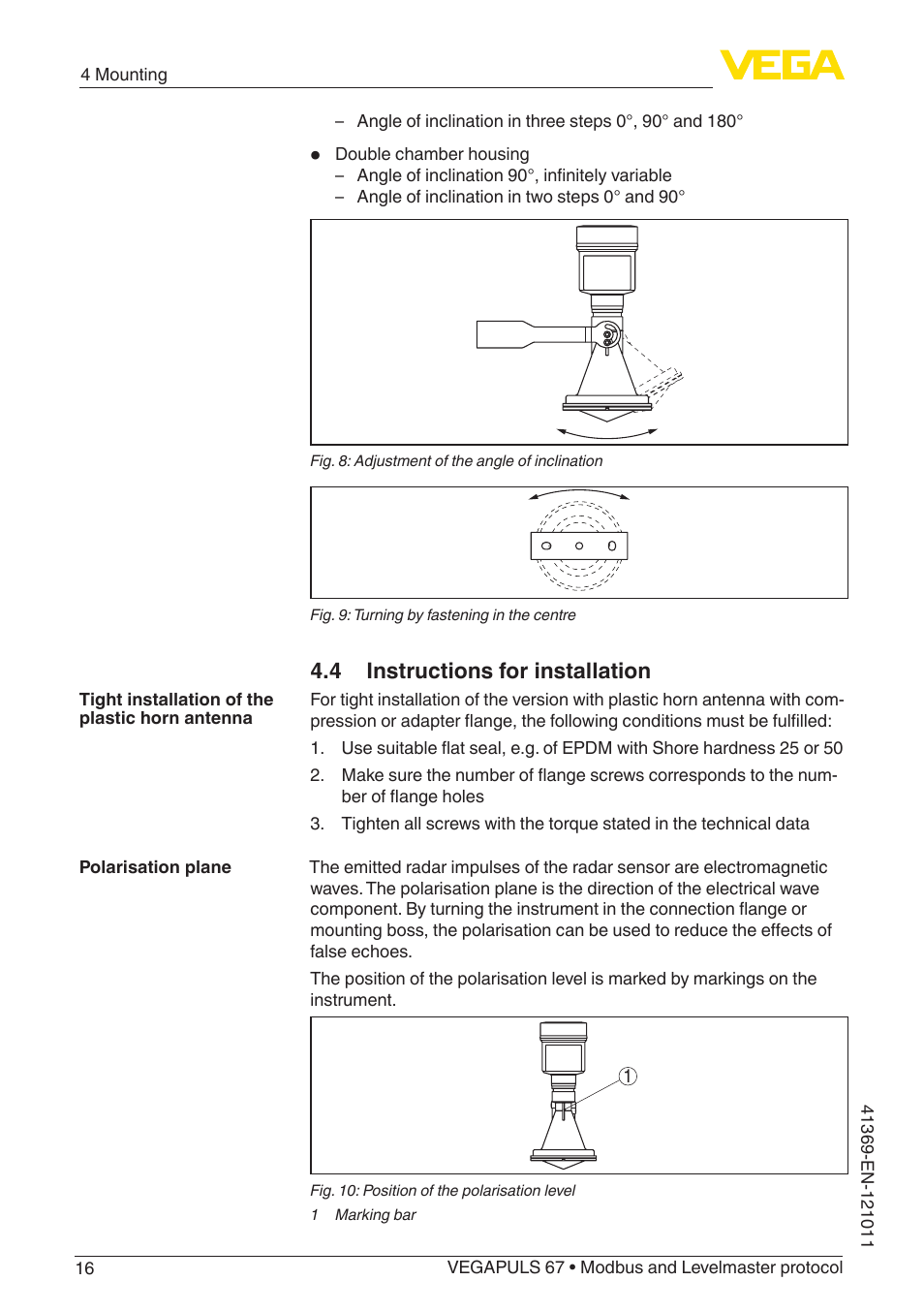 4 instructions for installation | VEGA VEGAPULS 67 (≥ 2.0.0 - ≥ 4.0.0) Modbus and Levelmaster protocol User Manual | Page 16 / 84