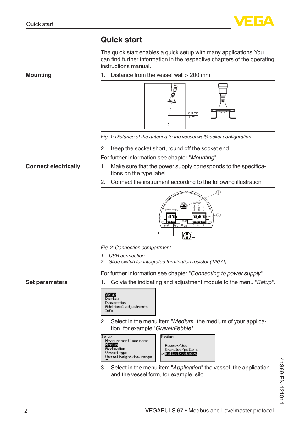 Quick start | VEGA VEGAPULS 67 (≥ 2.0.0 - ≥ 4.0.0) Modbus and Levelmaster protocol User Manual | Page 2 / 84