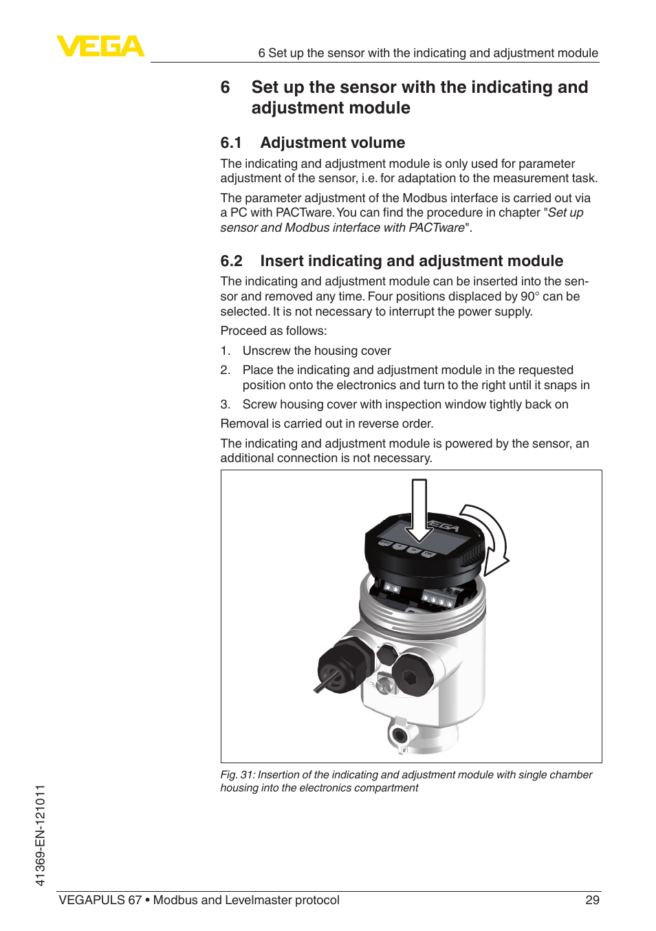 1 adjustment volume, 2 insert indicating and adjustment module | VEGA VEGAPULS 67 (≥ 2.0.0 - ≥ 4.0.0) Modbus and Levelmaster protocol User Manual | Page 29 / 84