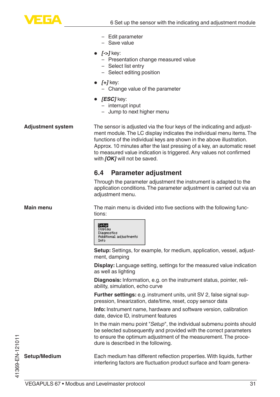 4 parameter adjustment | VEGA VEGAPULS 67 (≥ 2.0.0 - ≥ 4.0.0) Modbus and Levelmaster protocol User Manual | Page 31 / 84