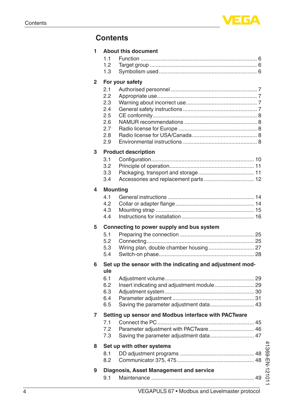 VEGA VEGAPULS 67 (≥ 2.0.0 - ≥ 4.0.0) Modbus and Levelmaster protocol User Manual | Page 4 / 84