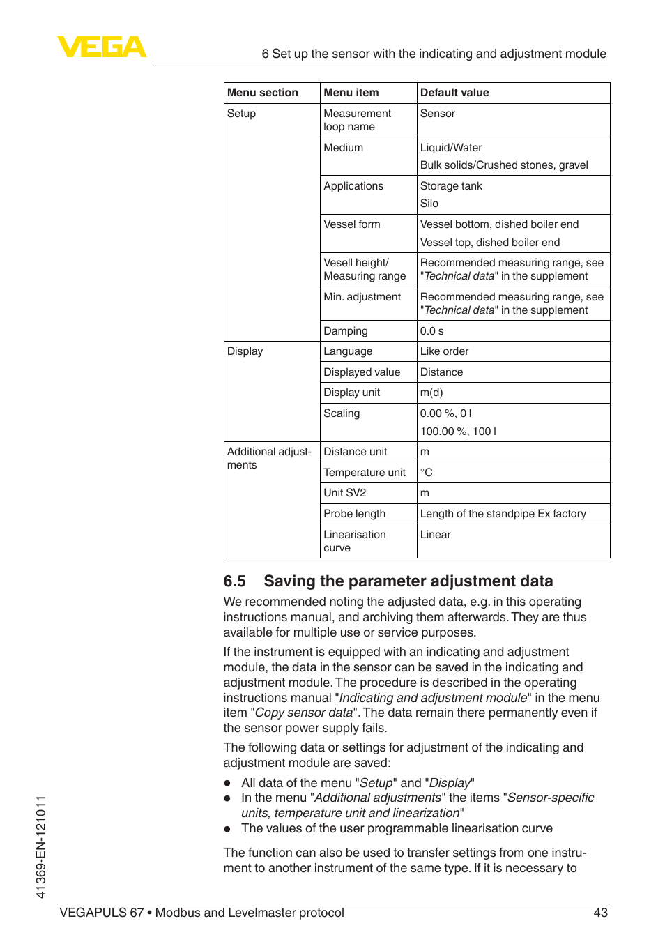 5 saving the parameter adjustment data | VEGA VEGAPULS 67 (≥ 2.0.0 - ≥ 4.0.0) Modbus and Levelmaster protocol User Manual | Page 43 / 84