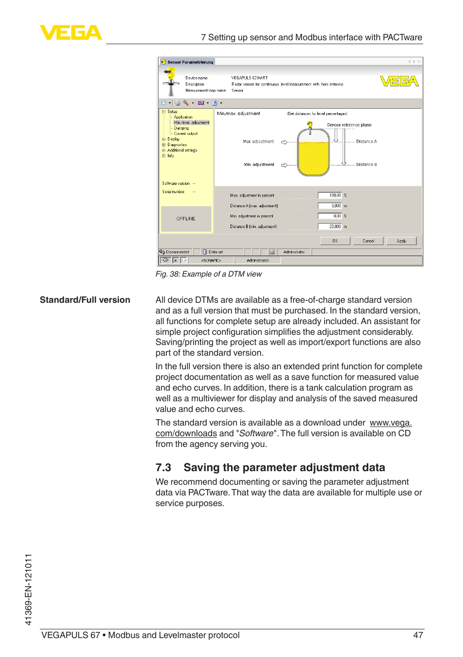 3 saving the parameter adjustment data | VEGA VEGAPULS 67 (≥ 2.0.0 - ≥ 4.0.0) Modbus and Levelmaster protocol User Manual | Page 47 / 84