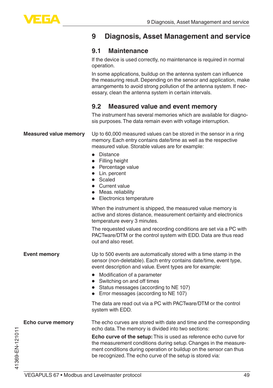 9 diagnosis, asset management and service, 1 maintenance, 2 measured value and event memory | VEGA VEGAPULS 67 (≥ 2.0.0 - ≥ 4.0.0) Modbus and Levelmaster protocol User Manual | Page 49 / 84