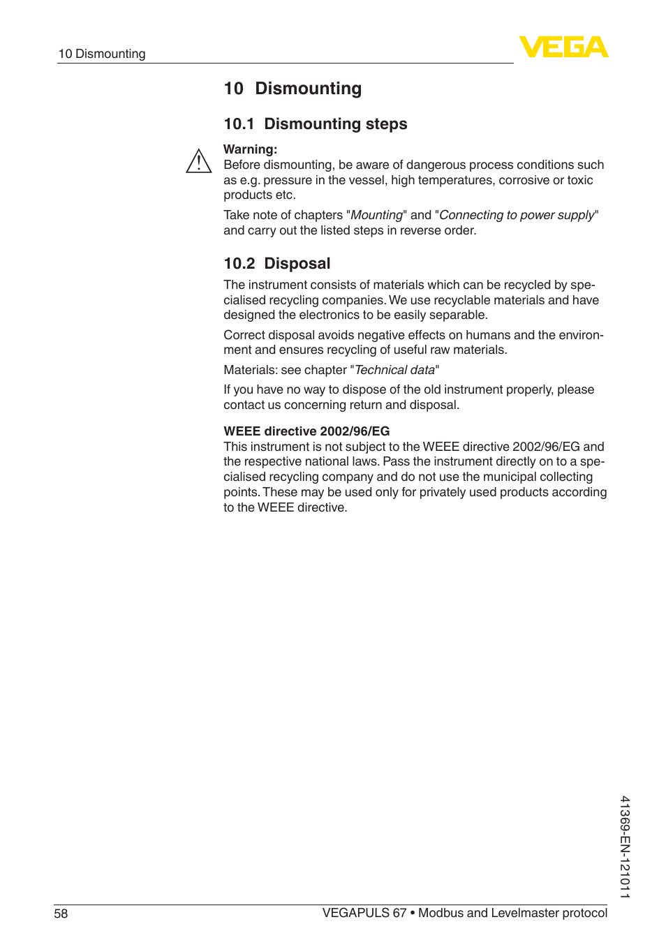 10 dismounting, 1 dismounting steps, 2 disposal | VEGA VEGAPULS 67 (≥ 2.0.0 - ≥ 4.0.0) Modbus and Levelmaster protocol User Manual | Page 58 / 84