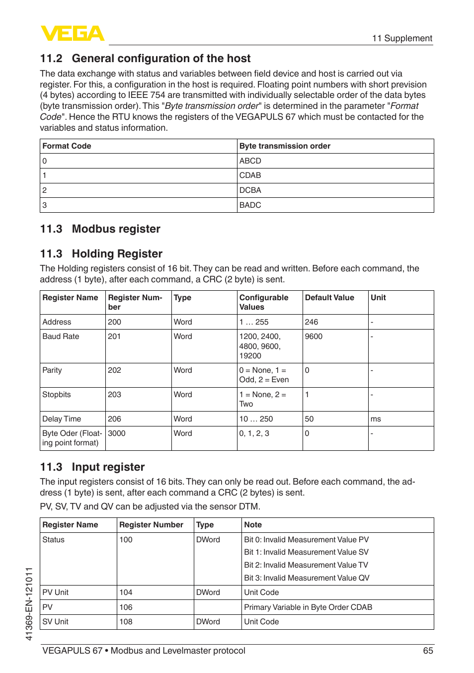 3 modbus register, 2 general configuration of the host, 3 holding register | 3 input register, 3 modbus register 11.3 holding register | VEGA VEGAPULS 67 (≥ 2.0.0 - ≥ 4.0.0) Modbus and Levelmaster protocol User Manual | Page 65 / 84