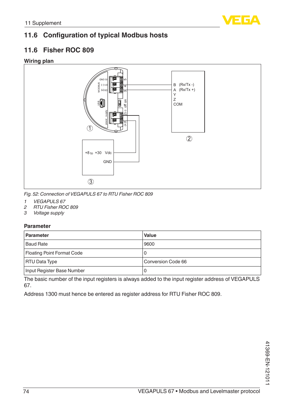 6 configuration of typical modbus hosts, 6 fisher roc 809, Wiring plan | Parameter | VEGA VEGAPULS 67 (≥ 2.0.0 - ≥ 4.0.0) Modbus and Levelmaster protocol User Manual | Page 74 / 84