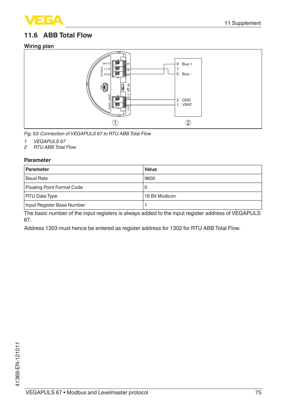 6 abb total flow, Wiring plan, Parameter | VEGA VEGAPULS 67 (≥ 2.0.0 - ≥ 4.0.0) Modbus and Levelmaster protocol User Manual | Page 75 / 84