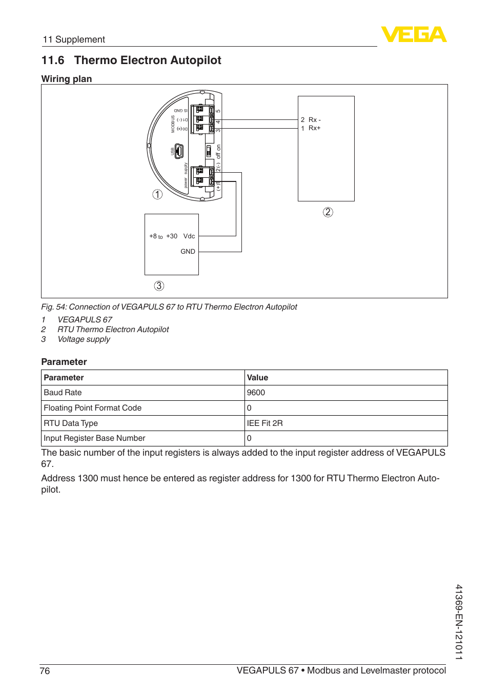 6 thermo electron autopilot, Wiring plan, Parameter | VEGA VEGAPULS 67 (≥ 2.0.0 - ≥ 4.0.0) Modbus and Levelmaster protocol User Manual | Page 76 / 84