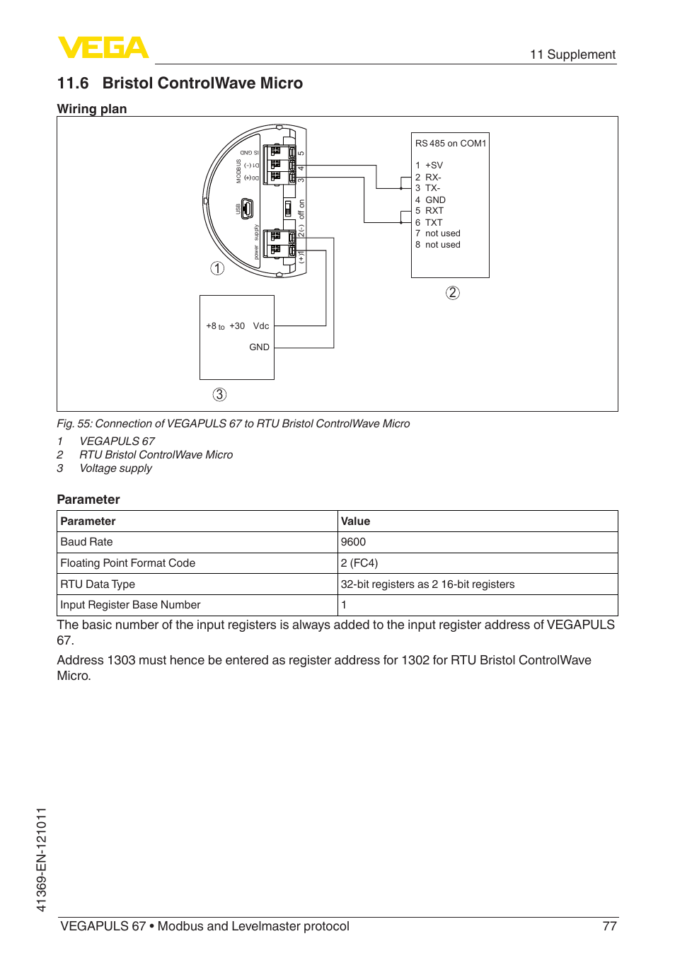 6 bristol controlwave micro, Wiring plan, Parameter | VEGA VEGAPULS 67 (≥ 2.0.0 - ≥ 4.0.0) Modbus and Levelmaster protocol User Manual | Page 77 / 84