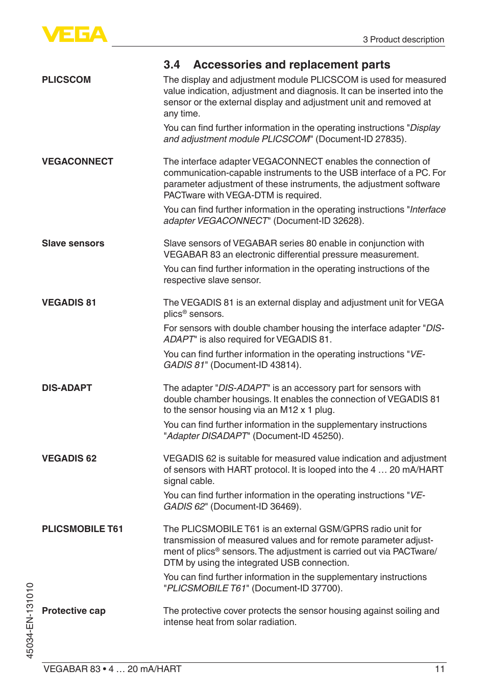 4 accessories and replacement parts | VEGA VEGABAR 83 4 … 20 mA_HART - Operating Instructions User Manual | Page 11 / 88