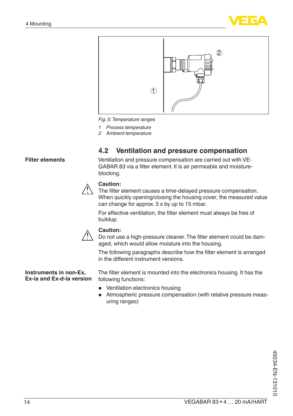 2 ventilation and pressure compensation | VEGA VEGABAR 83 4 … 20 mA_HART - Operating Instructions User Manual | Page 14 / 88