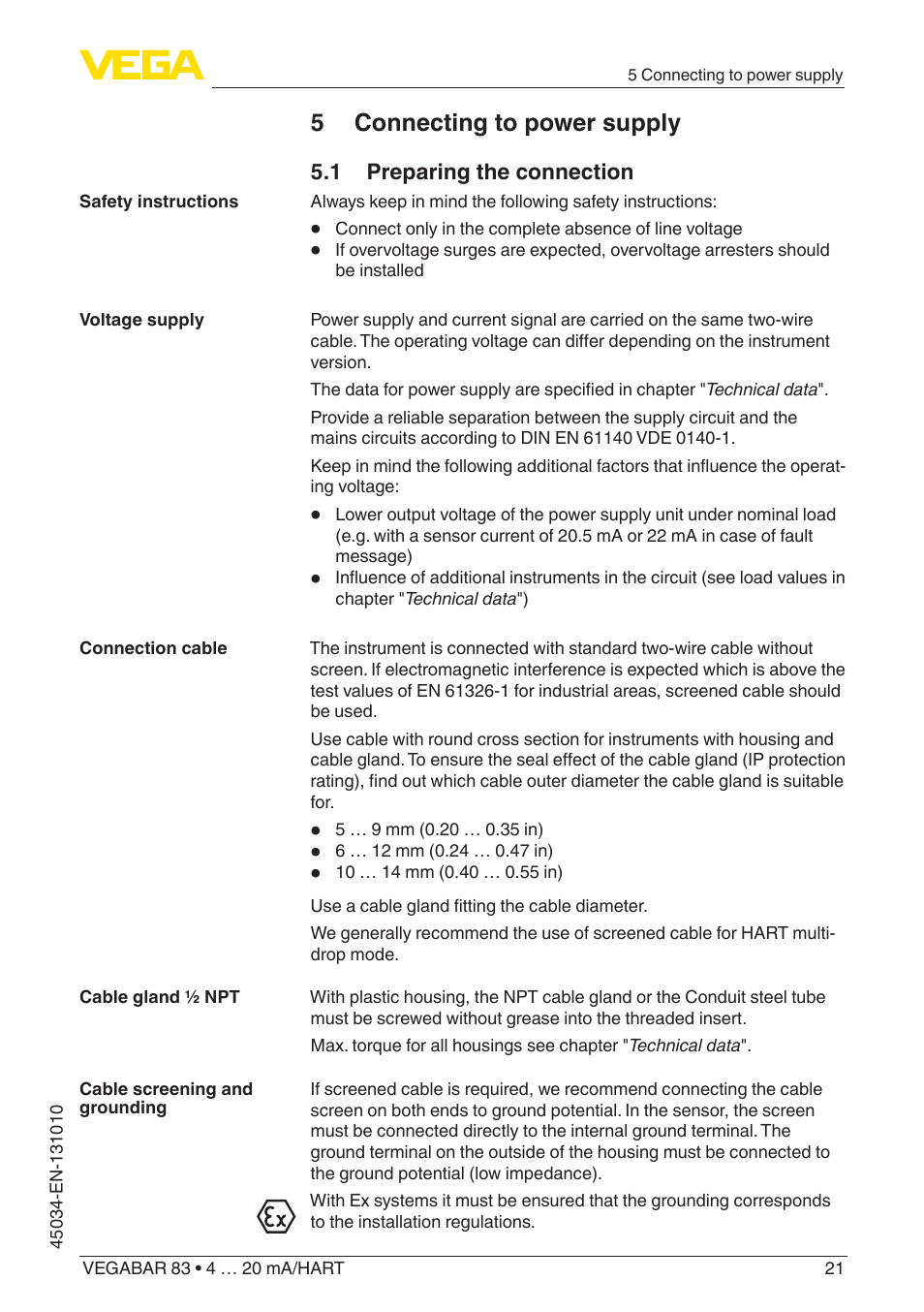 5 connecting to power supply, 1 preparing the connection | VEGA VEGABAR 83 4 … 20 mA_HART - Operating Instructions User Manual | Page 21 / 88