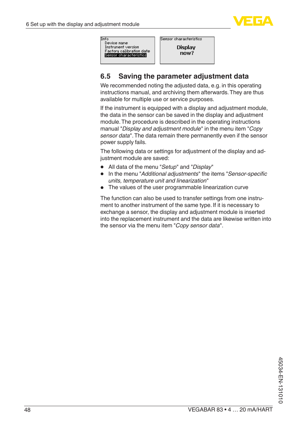 5 saving the parameter adjustment data | VEGA VEGABAR 83 4 … 20 mA_HART - Operating Instructions User Manual | Page 48 / 88