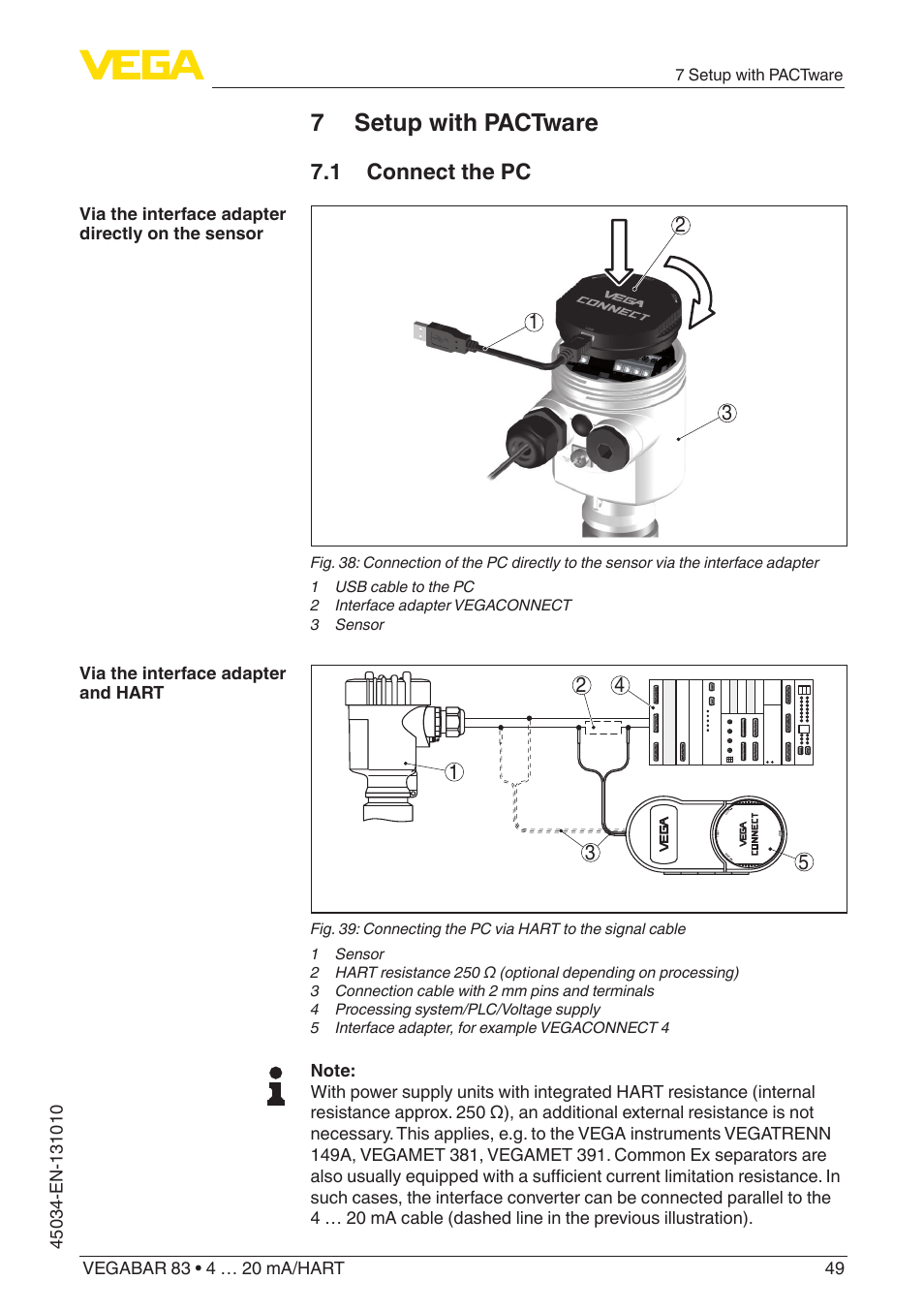 7 setup with pactware, 1 connect the pc | VEGA VEGABAR 83 4 … 20 mA_HART - Operating Instructions User Manual | Page 49 / 88