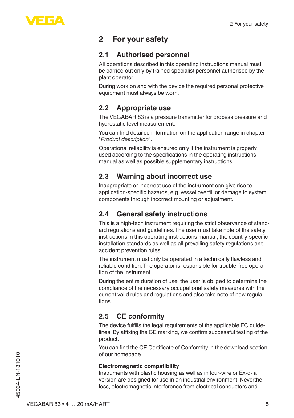 2 for your safety, 1 authorised personnel, 2 appropriate use | 3 warning about incorrect use, 4 general safety instructions, 5 ce conformity | VEGA VEGABAR 83 4 … 20 mA_HART - Operating Instructions User Manual | Page 5 / 88