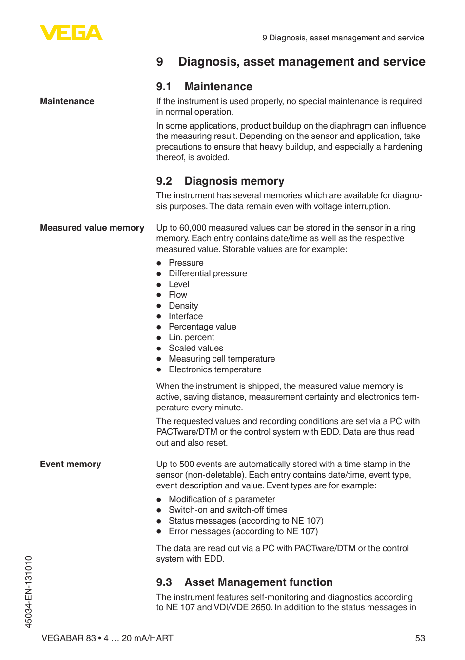 9 diagnosis, asset management and service, 1 maintenance, 2 diagnosis memory | 3 asset management function | VEGA VEGABAR 83 4 … 20 mA_HART - Operating Instructions User Manual | Page 53 / 88