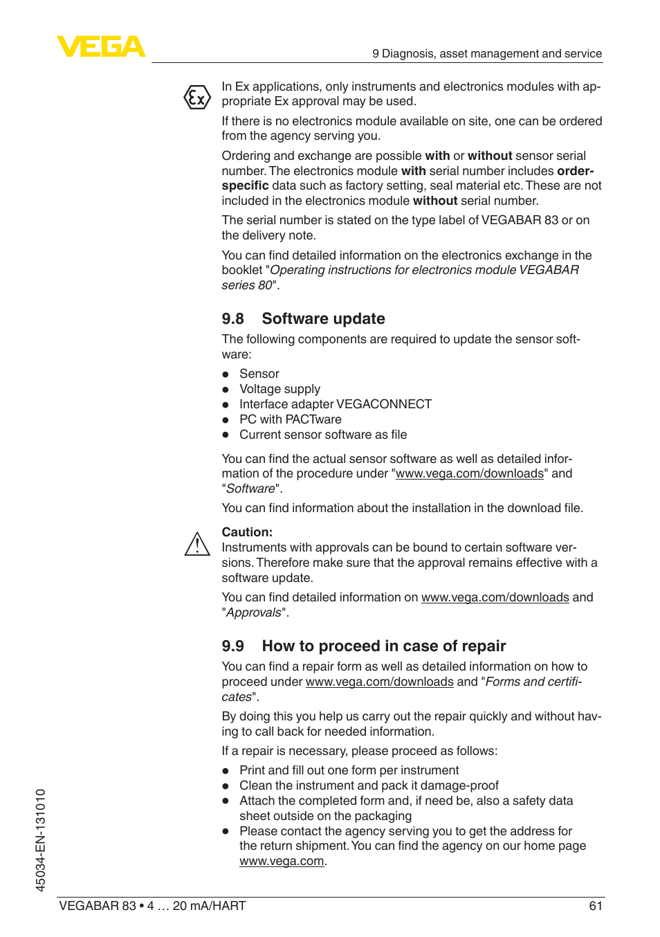 8 software update, 9 how to proceed in case of repair | VEGA VEGABAR 83 4 … 20 mA_HART - Operating Instructions User Manual | Page 61 / 88