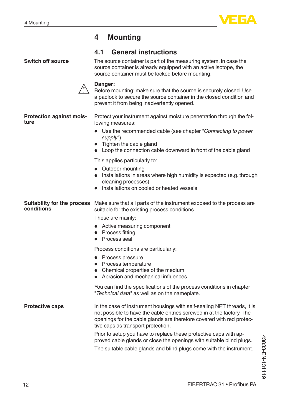 4 mounting, 1 general instructions | VEGA FIBERTRAC 31 Profibus PA User Manual | Page 12 / 88