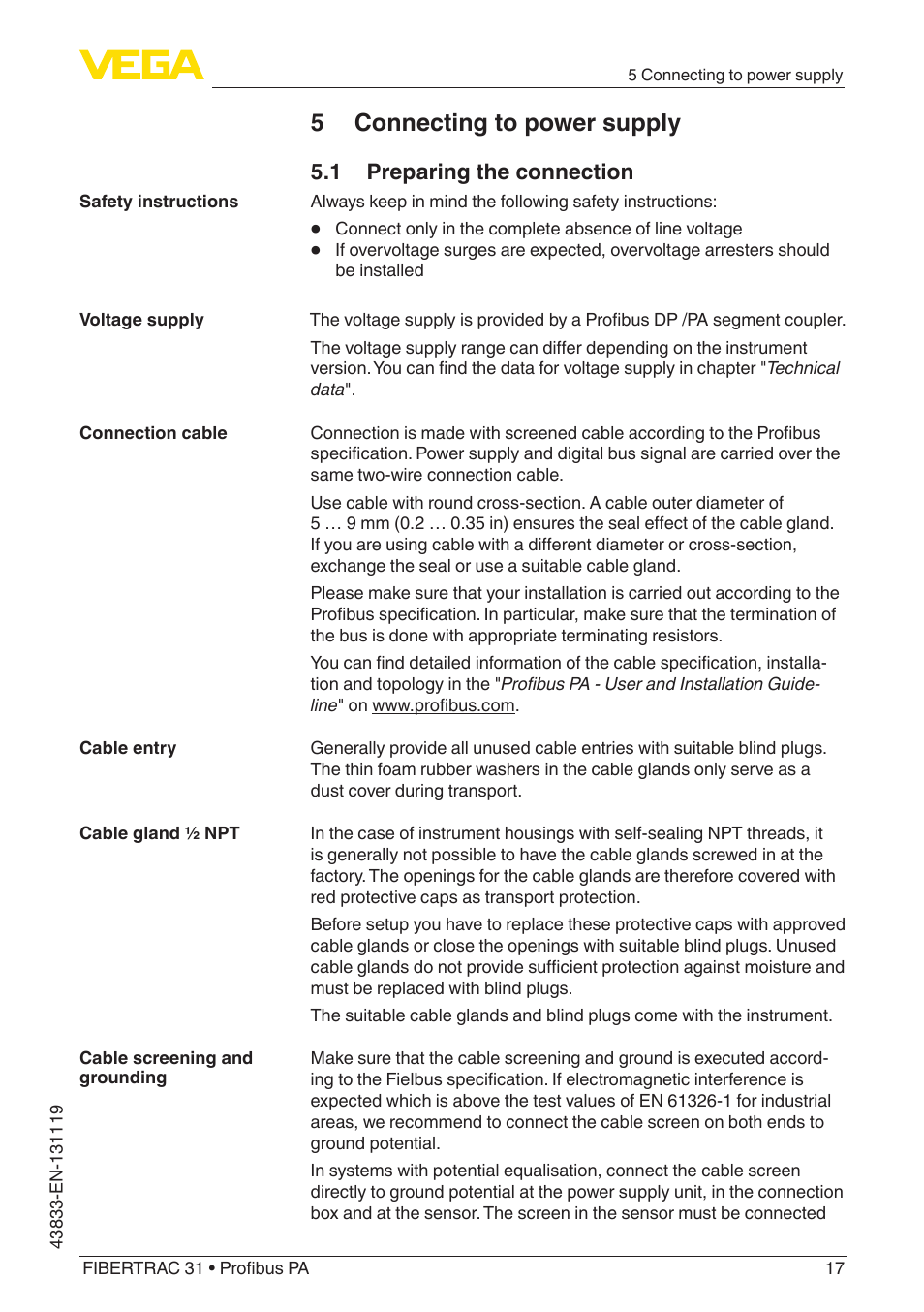 5 connecting to power supply, 1 preparing the connection | VEGA FIBERTRAC 31 Profibus PA User Manual | Page 17 / 88