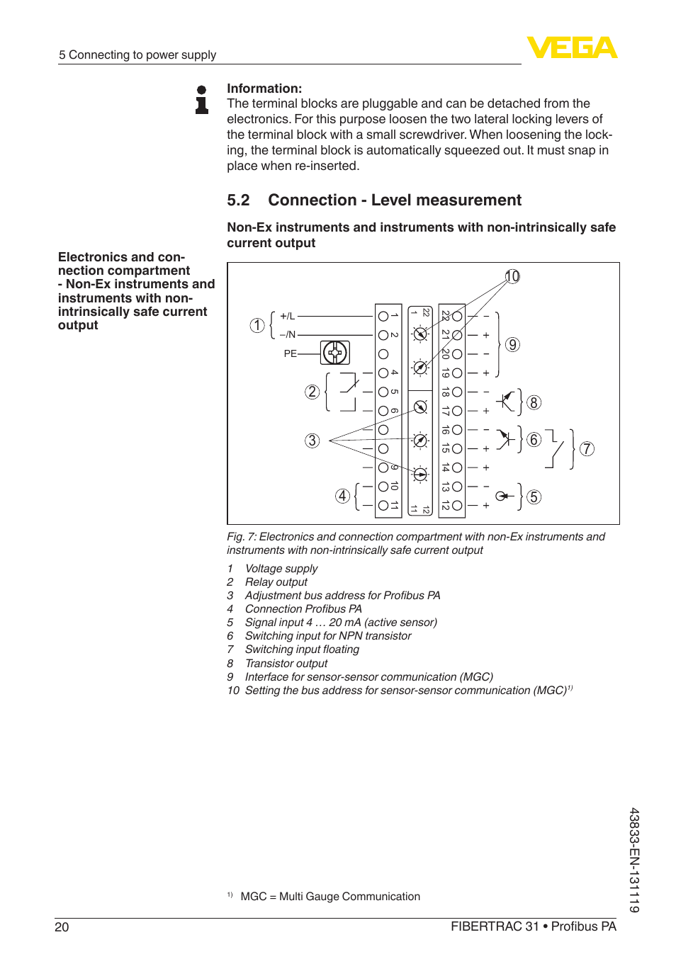 2 connection - level measurement | VEGA FIBERTRAC 31 Profibus PA User Manual | Page 20 / 88