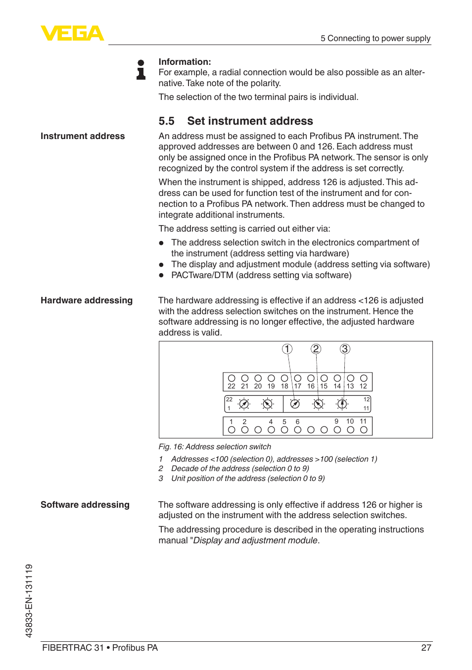 5 set instrument address | VEGA FIBERTRAC 31 Profibus PA User Manual | Page 27 / 88