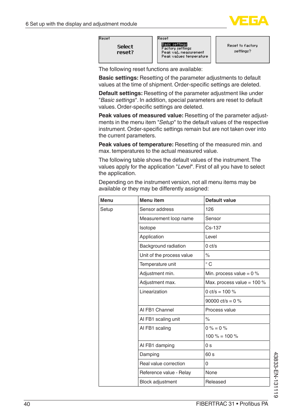 VEGA FIBERTRAC 31 Profibus PA User Manual | Page 40 / 88