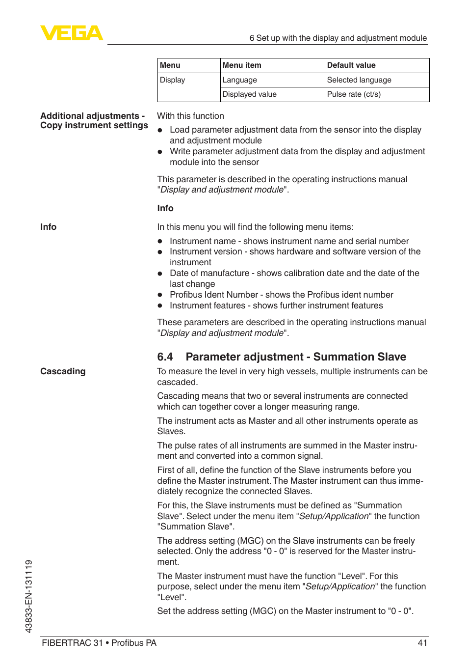 4 parameter adjustment - summation slave | VEGA FIBERTRAC 31 Profibus PA User Manual | Page 41 / 88