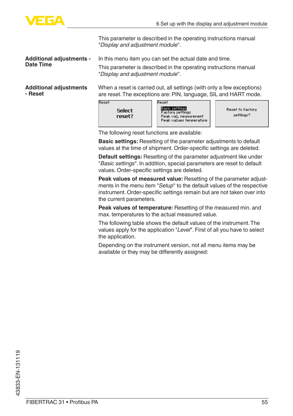 VEGA FIBERTRAC 31 Profibus PA User Manual | Page 55 / 88