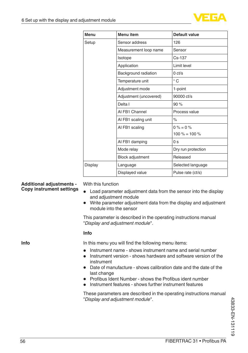 VEGA FIBERTRAC 31 Profibus PA User Manual | Page 56 / 88