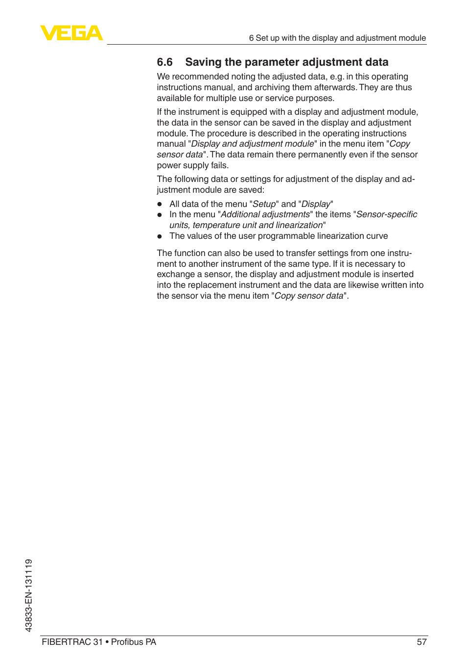 6 saving the parameter adjustment data | VEGA FIBERTRAC 31 Profibus PA User Manual | Page 57 / 88