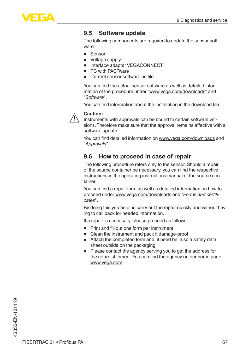 5 software update, 6 how to proceed in case of repair | VEGA FIBERTRAC 31 Profibus PA User Manual | Page 67 / 88