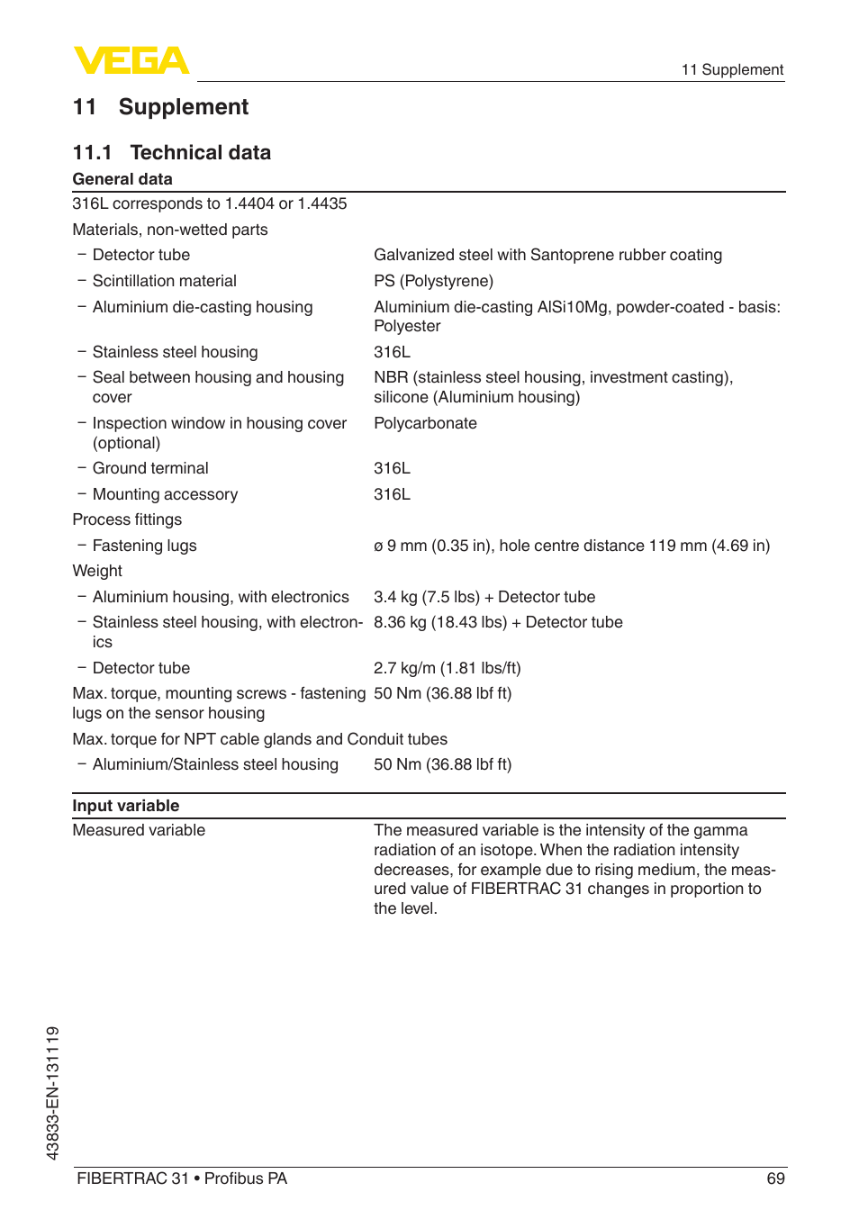 11 supplement, 1 technical data | VEGA FIBERTRAC 31 Profibus PA User Manual | Page 69 / 88