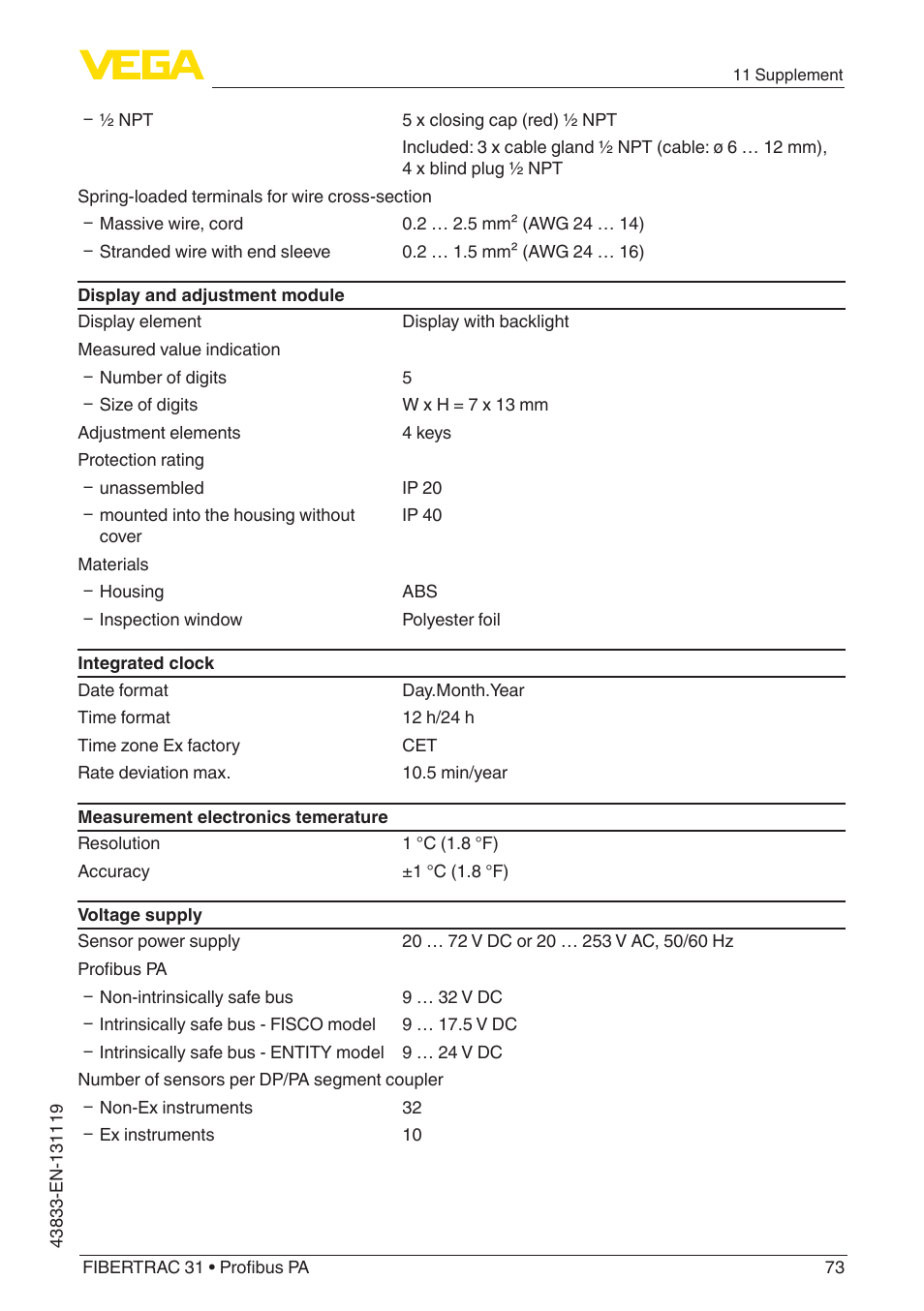 VEGA FIBERTRAC 31 Profibus PA User Manual | Page 73 / 88