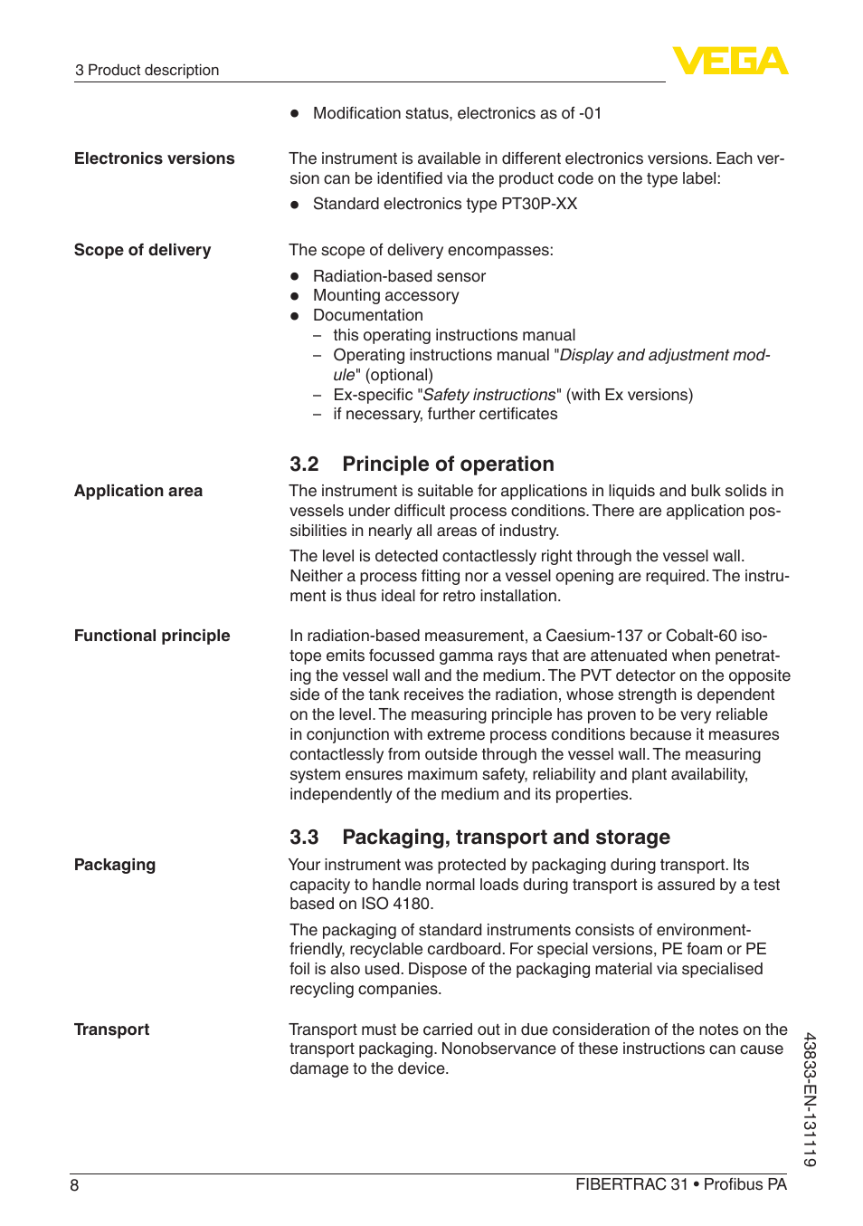 2 principle of operation, 3 packaging, transport and storage | VEGA FIBERTRAC 31 Profibus PA User Manual | Page 8 / 88