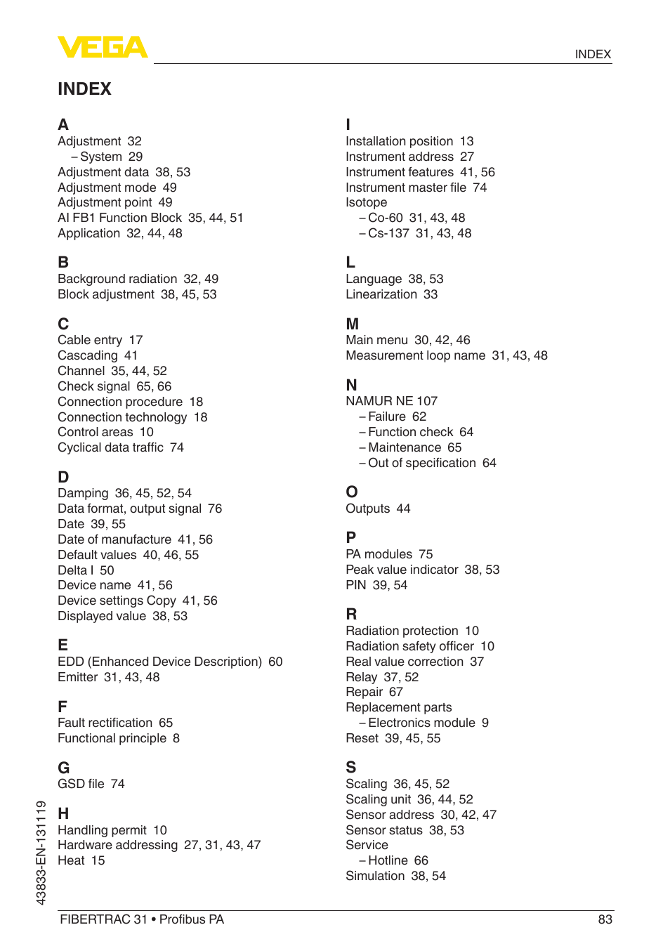 Index | VEGA FIBERTRAC 31 Profibus PA User Manual | Page 83 / 88