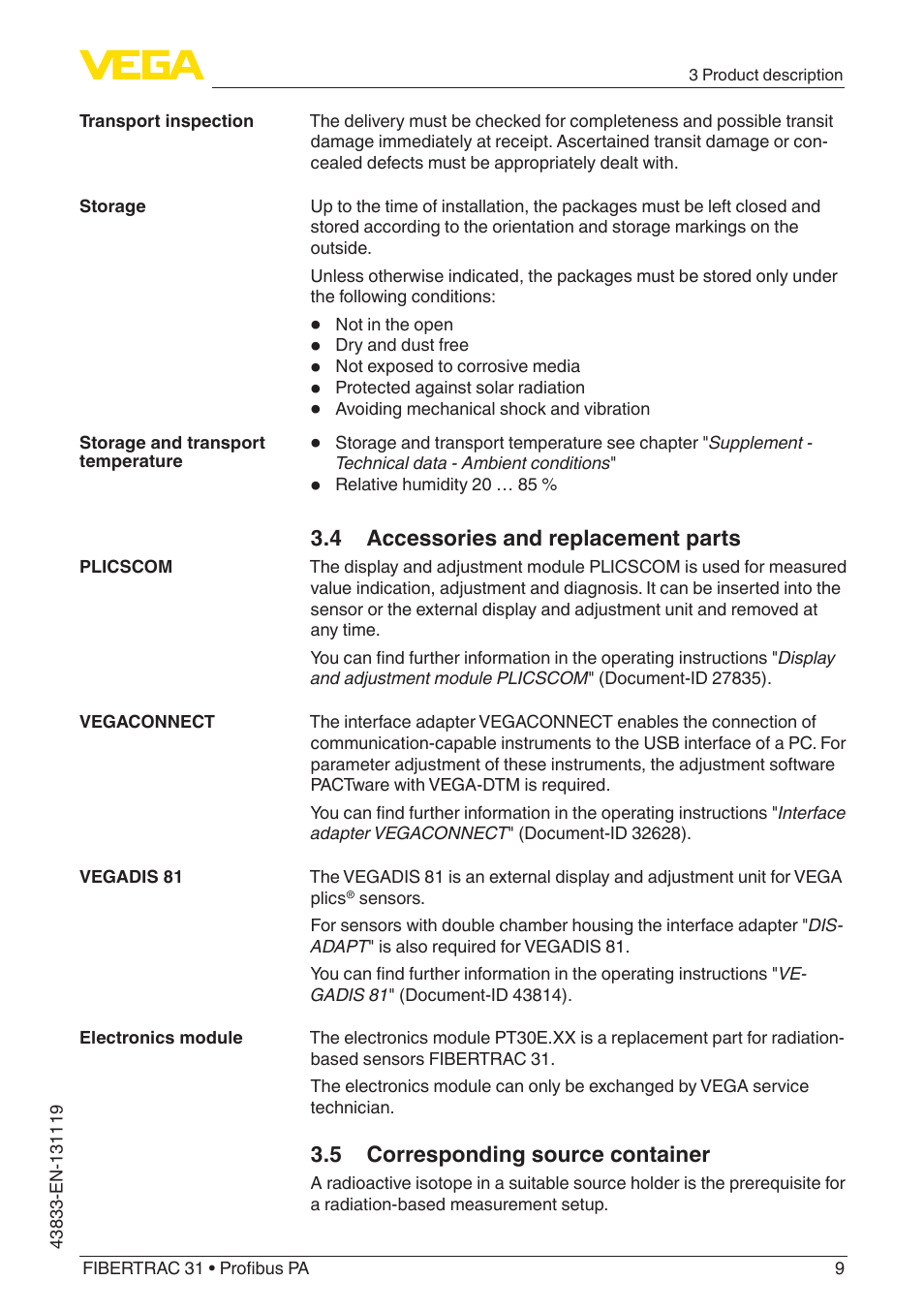 4 accessories and replacement parts, 5 corresponding source container | VEGA FIBERTRAC 31 Profibus PA User Manual | Page 9 / 88