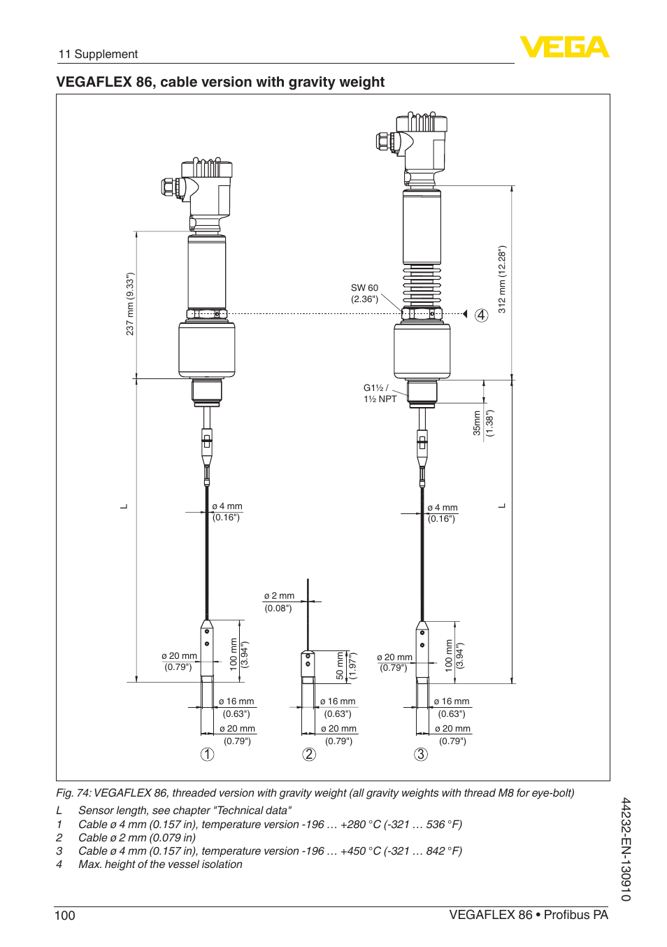 Vegaflex 86, cable version with gravity weight | VEGA VEGAFLEX 86 Profibus PA User Manual | Page 100 / 108