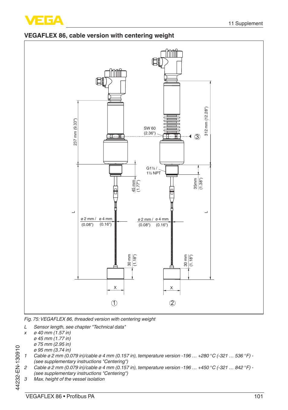 Vegaflex 86, cable version with centering weight | VEGA VEGAFLEX 86 Profibus PA User Manual | Page 101 / 108