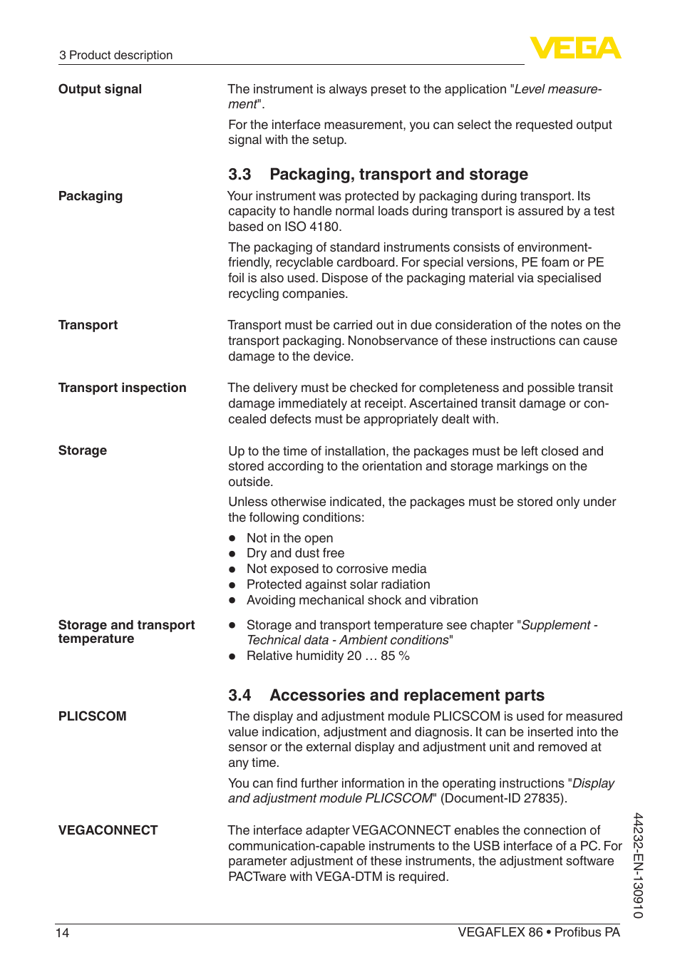 3 packaging, transport and storage, 4 accessories and replacement parts | VEGA VEGAFLEX 86 Profibus PA User Manual | Page 14 / 108