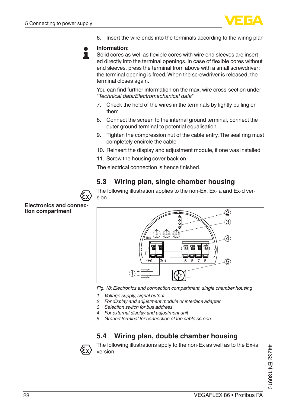 3 wiring plan, single chamber housing, 4 wiring plan, double chamber housing, 5 connecting to power supply | VEGA VEGAFLEX 86 Profibus PA User Manual | Page 28 / 108