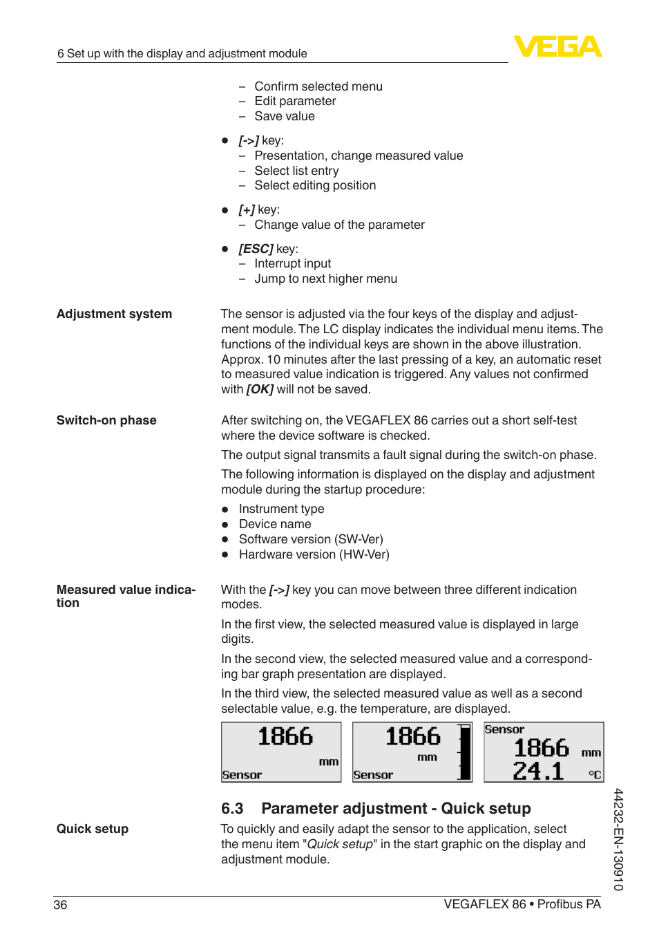 3 parameter adjustment - quick setup | VEGA VEGAFLEX 86 Profibus PA User Manual | Page 36 / 108