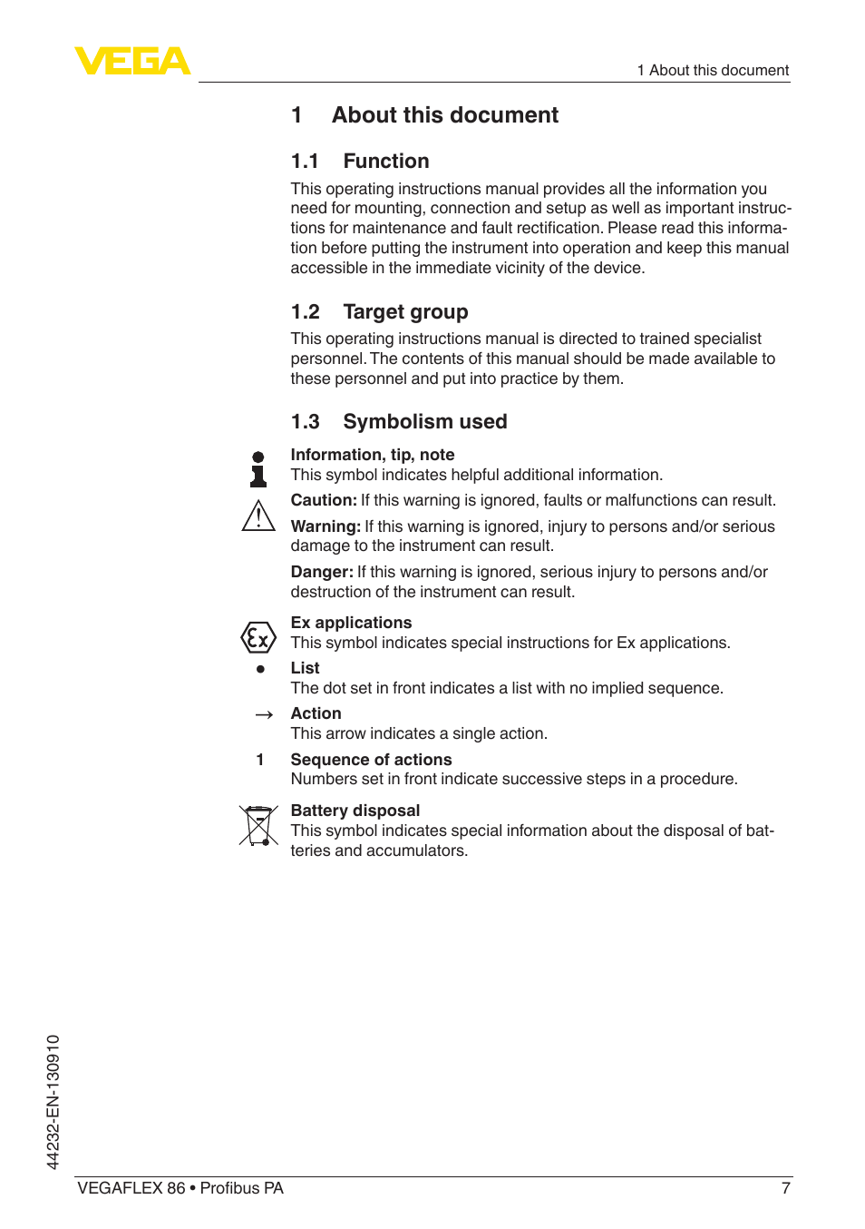 1 about this document, 1 function, 2 target group | 3 symbolism used | VEGA VEGAFLEX 86 Profibus PA User Manual | Page 7 / 108